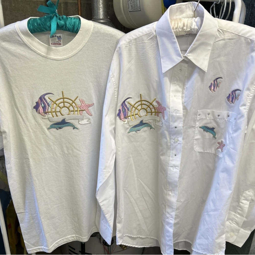 Beach theme Embroidered Women's Blouse and Matching T shirt NEW